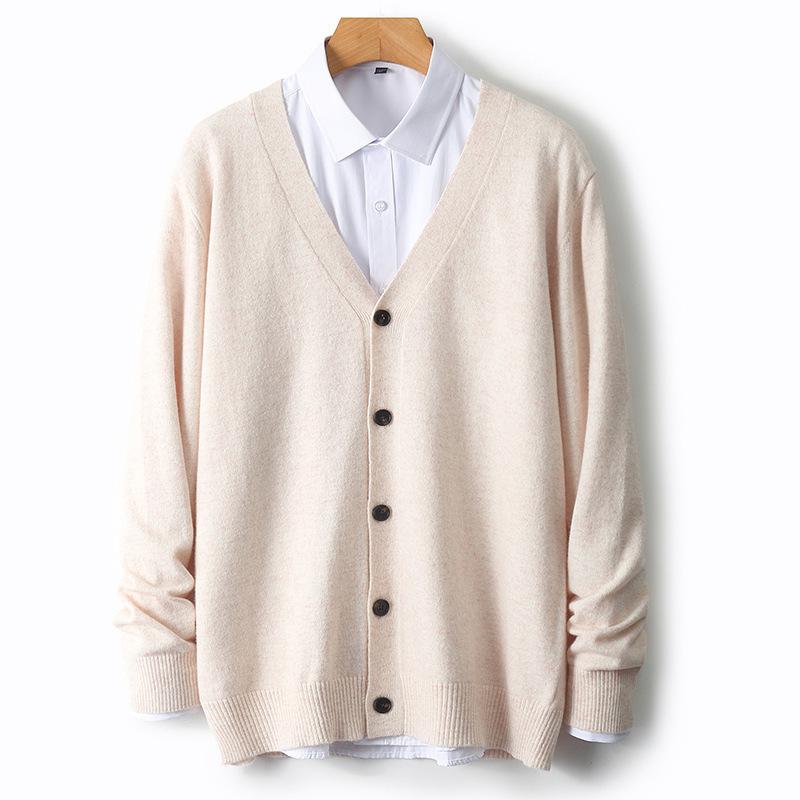 Pánský kašmírový vlněný kardigan svetr s výstřihem do V - Volný jednobarevný, Dlouhý rukáv, Ležérní univerzální (2024).