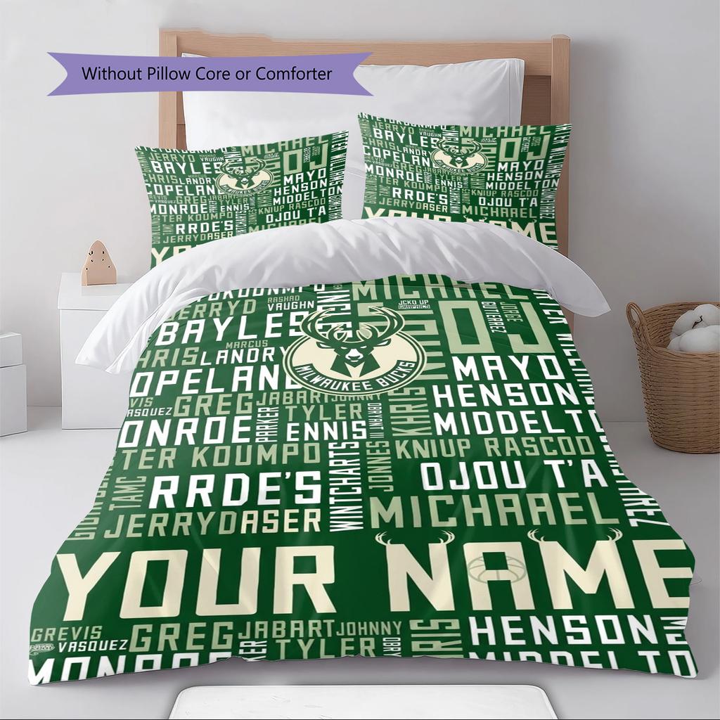 Name Custom Milwaukee Bucks Logo Pattern Bedding Set Quilt Cover Pillowcase Home Decor Gift (1 * Duvet Cover + 2 * Pillowcase, Without Core)