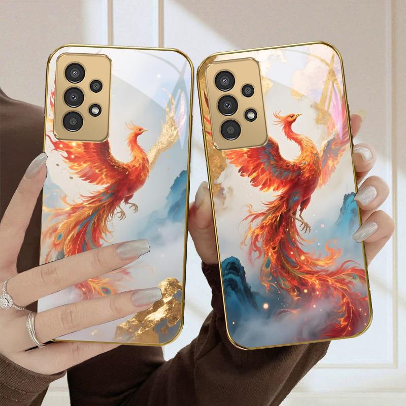 Reborn Golden Phoenix For Samsung A50 A51 A52 A53 A54 A55 56 14 15 13 16 26 31 32 33 34 35 70 71 72 73 Golden glass phone case