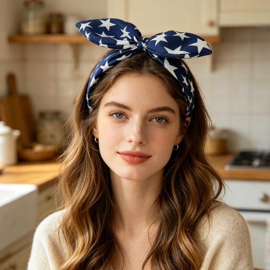 Women Headband USA Flag Independence Day Theme Three-Dimensional Rabbit Ear Bow Shape Headband Sponge Filling Non-Slip Hair Hoop