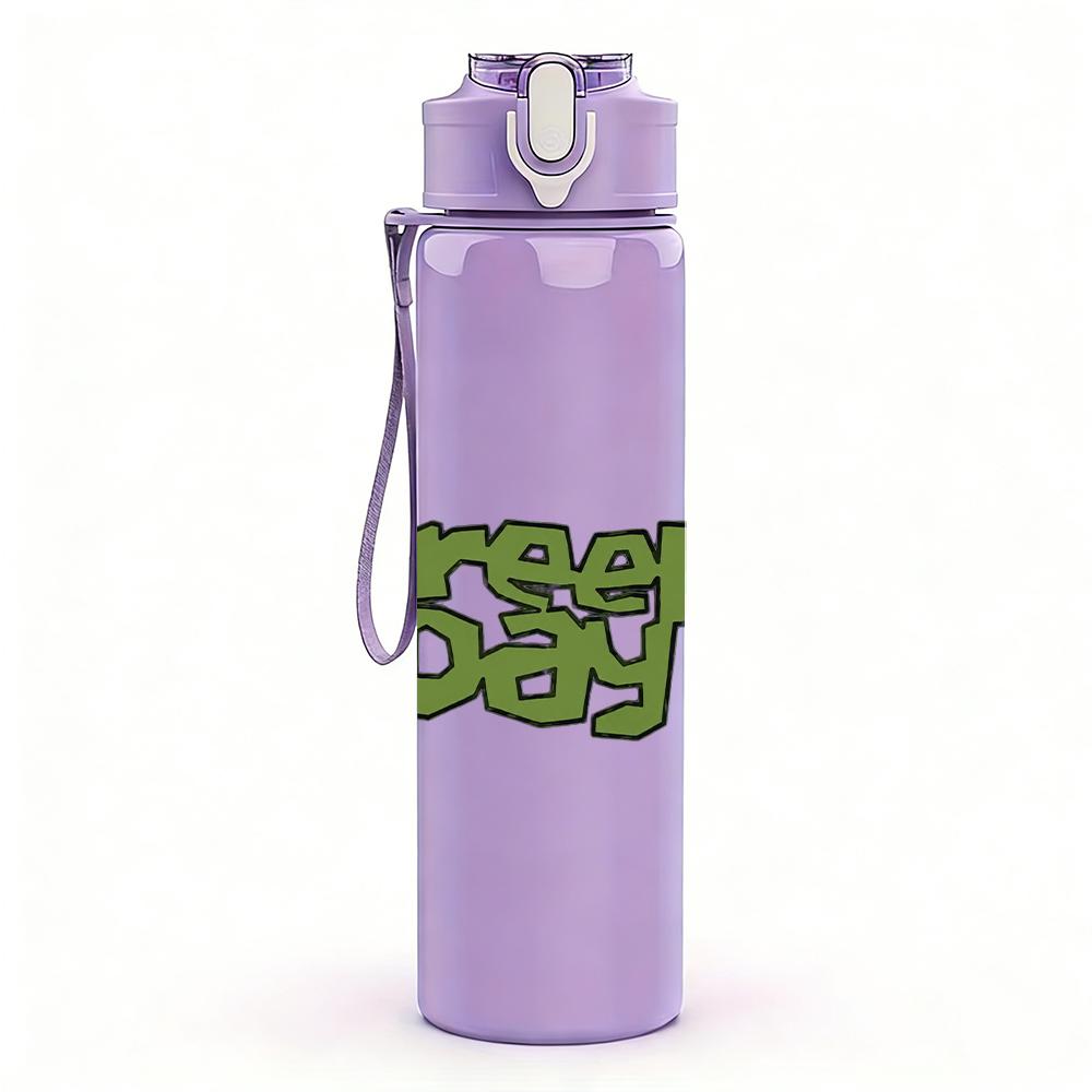 1PC Green Day Band Text Logo Print 750ml Colorful Plastic Sports Water Bottle Leakproof Pop Lid with Straw for Outdoor Office Home Use