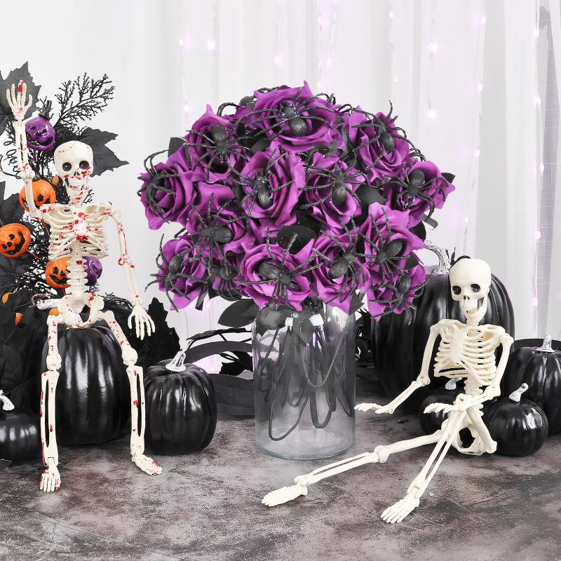 Halloween Spider Rose Creepy Flower Arrangement With Stems Scary Party Decoration Props For Haunted House Goth Home Decor