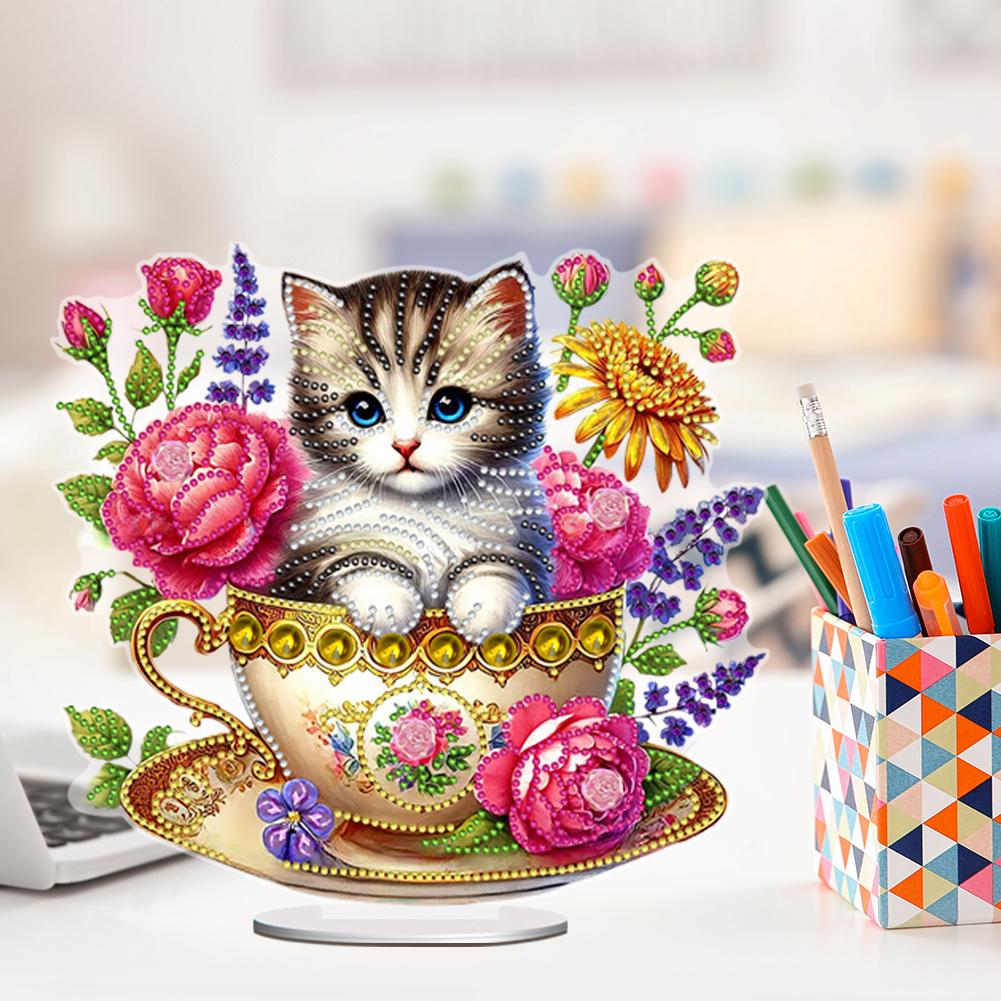 2D Flat Teacup Cat DIY Table Top Diamond Painting Ornament Kits Desktop Diamond Art Kits 5D DIY Diamond Art Tabletop Decorations