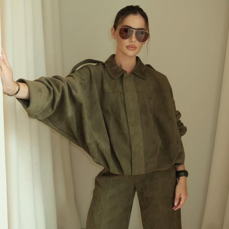 Women's Bomber Jacket Lapel Long Sleeve Zipper Suede Jacket Women 2025 High Street Cropped Racing Jackets Coats Outerwears