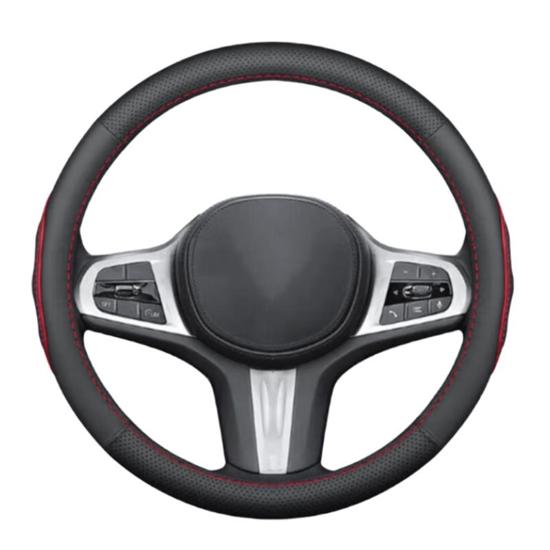 Jianlu Truck Leather Steering Wheel Cover (Black-Red Stitch)