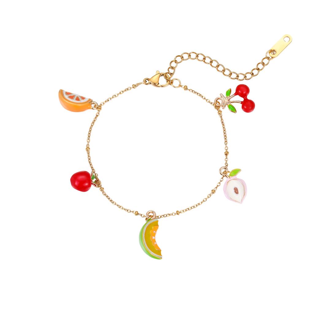 GEMCHIC Women's Stainless Steel Fruit Cherry Apple Charm Bracelet - 18K Gold Plated, Fashion Dainty Jewelry