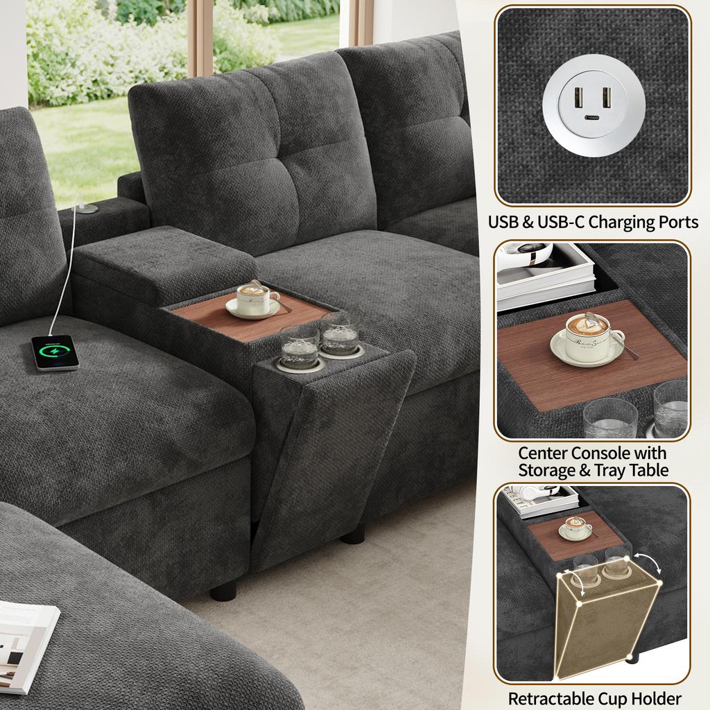 Modułowa sofa narożna 6-osobowa w kształcie U/L, 2 pufy ze schowkiem, konsola z półką, schowkiem i uchwytami na kubki, USB i Type-C, szenil, Szary
