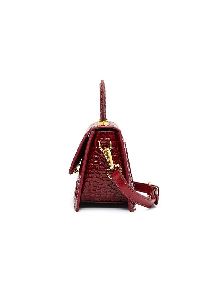 Wine Red Crocodile Pattern Handbag, Glossy Small Square Bag, Suitable for Commuting and Dating