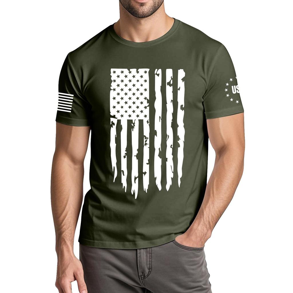Menns moteriktige avslappede Independence Day trykte t-skjorte med rund hals og korte ermer