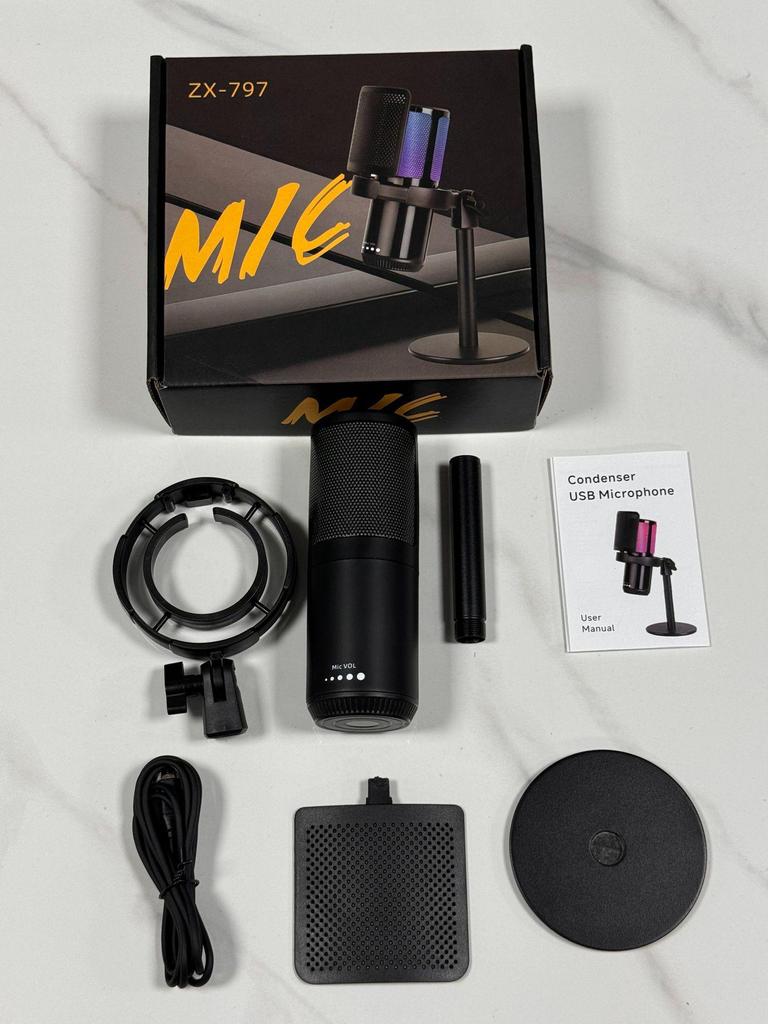 RGB USB Microphone with Desktop Boom Arm, One-Key Mute, Monitoring for Streaming, Gaming, Recording, KTV.
