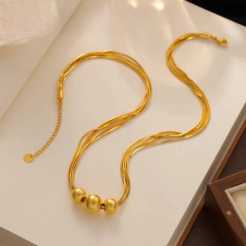 AU999 24K Gold Women's Brushed Necklace | 3D - hollow cat's eye, brushed chain with gold - bead tassels, lively & glittering