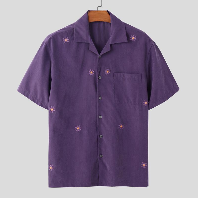 

INCERUN Men Lapel Neck Short Sleeve Embroidery Buttons Casual Oversized Shirts 4XL фиолетовый