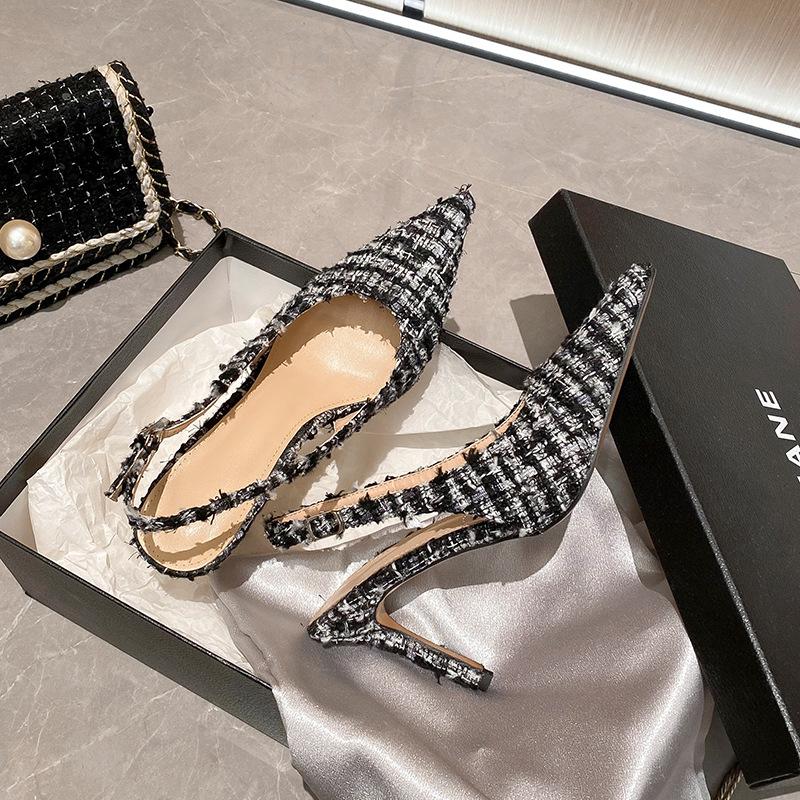 YX2025 New Pointed-toed Stiletto Women's Shoes Temperament French Shallow Tweed Small Fragrant Wind Bag Head Rear Empty Sandals