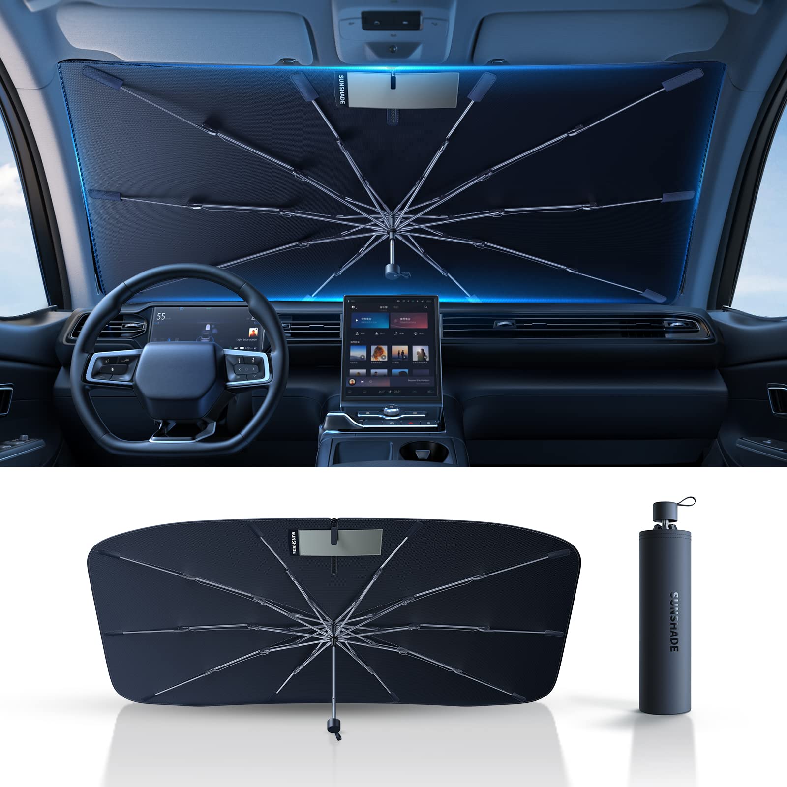 

Идеальный солнцезащитный козырек Ultimate DesertWest для переднего стекла автомобиля, простой в установке, защита от УФ-лучей, приватность, титан, идеально подходит для автомобиля, удобный чехол для хранения, защита от жары, 135 x 75 [издание 2025 года],