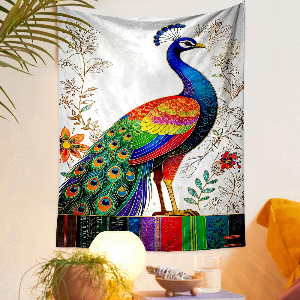Colorful Peacock with Floral Background Patterned tapestry home decor, suitable for bedroom and living room, gift