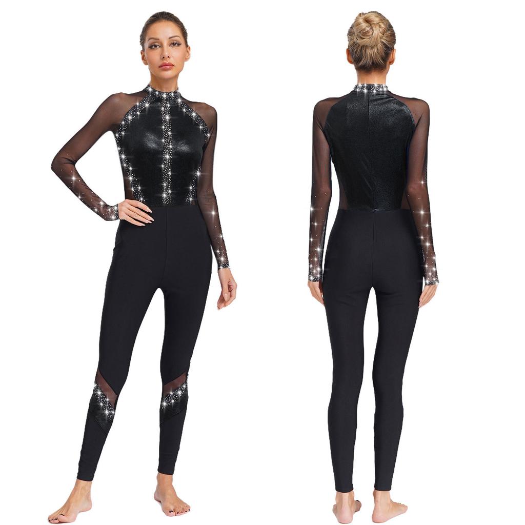 Sparkling Rhinestone Dance Leotard for Women, Full Body Long Sleeve Jumpsuit with Sheer Mesh Patchwork & Color Block Design