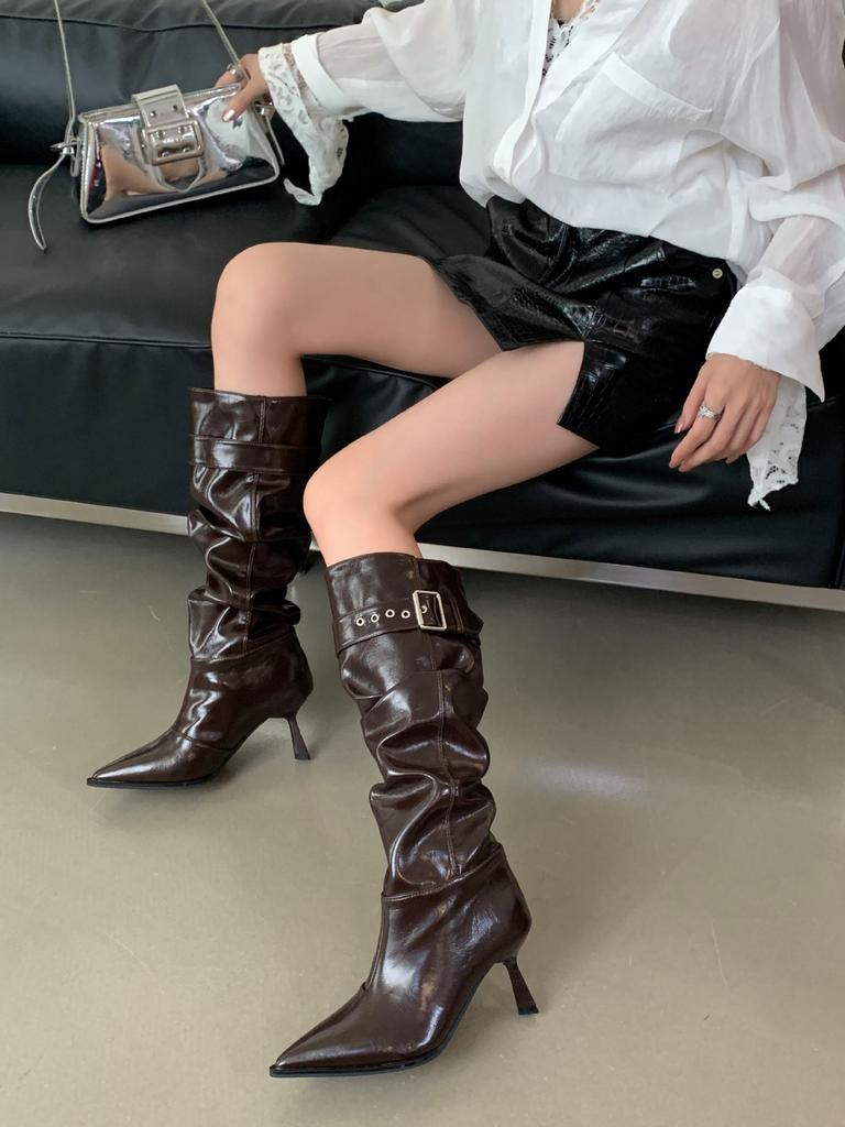 2025 autumn and winter new fashion versatile pointed high-heeled boots women's fashion British style fine heel but knee-high