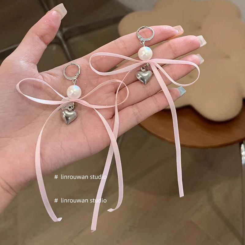 

Y2K Pink Ribbon Bowknot Stud Earrings For Women Fashion Korean Personality Girl Party Zircon Gifts