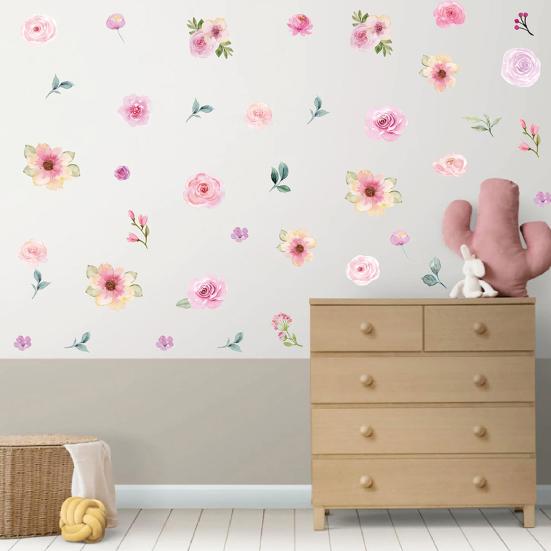 4 Sheets Flowers Wall Decals Watercolor Peony Floral Leaves Wall Stickers Peel And Stick Wall Decor for Girls Bedroom Nursery Classroom Living Room