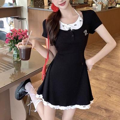 Hotsweet Halter Waist Mini Dress Women's Clothing Fake Two Pieces Printed Patchwork Summer New Short Sleeve Basic A-Line Dresses