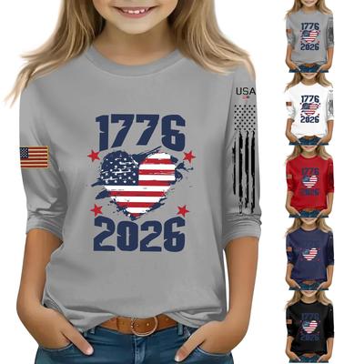 Top Leve de Gola Redonda para Criança com Estampa do Dia da Independência Primavera/Verão