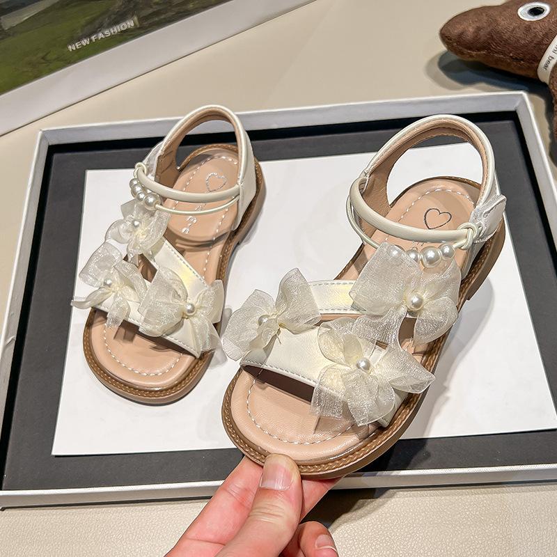Kids Bow Pearl Decor Open Toe Sandals 26 бежевый