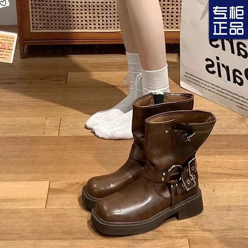 Women Platform Shoes  Simple Retro Western Cowboy Boots Square Toe Thick Heel Soft Soled Comfortable Knight Biker Boots
