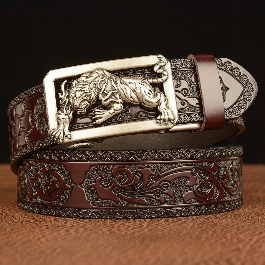 Tiger Engraved Automatic Buckle Cowhide Men's Zodiac Belt - Casual Retro Style