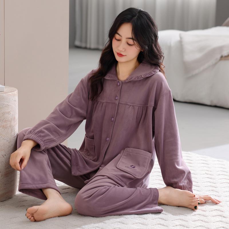 Island Fleece Pajamas Women Autumn And Winter Thin Fleece Coral Fleece Middle-Aged Mother Loungewear Spring And Autumn Large Size Warm Suit