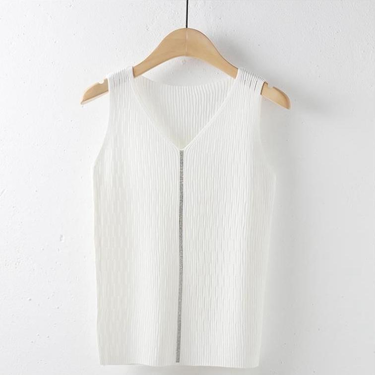 Ice Silk Suspender Tank Top Women's Bottom Coat Summer Short Loose Sleeveless White V-neck Knitted Casual Top