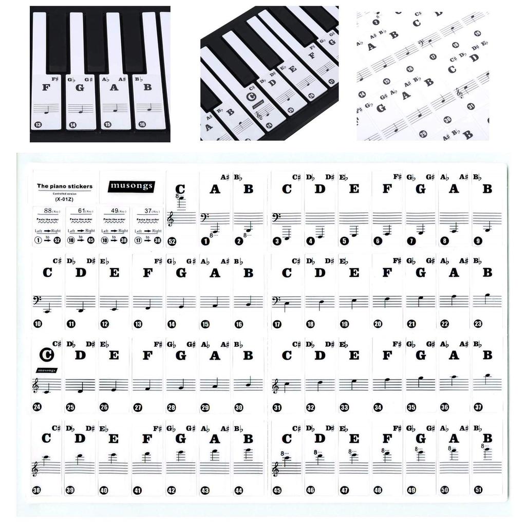 XP Design Piano Keyboard Sheet Musical Keys Stickers, Music, Notes, 88/61/49/37 (Black)