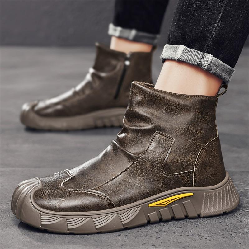 Men's Boots High Cut Workwear Shoes Autumn New Pleated Non Slip Comfort Thick Soled Wear-resistant Fashion Flat Boots