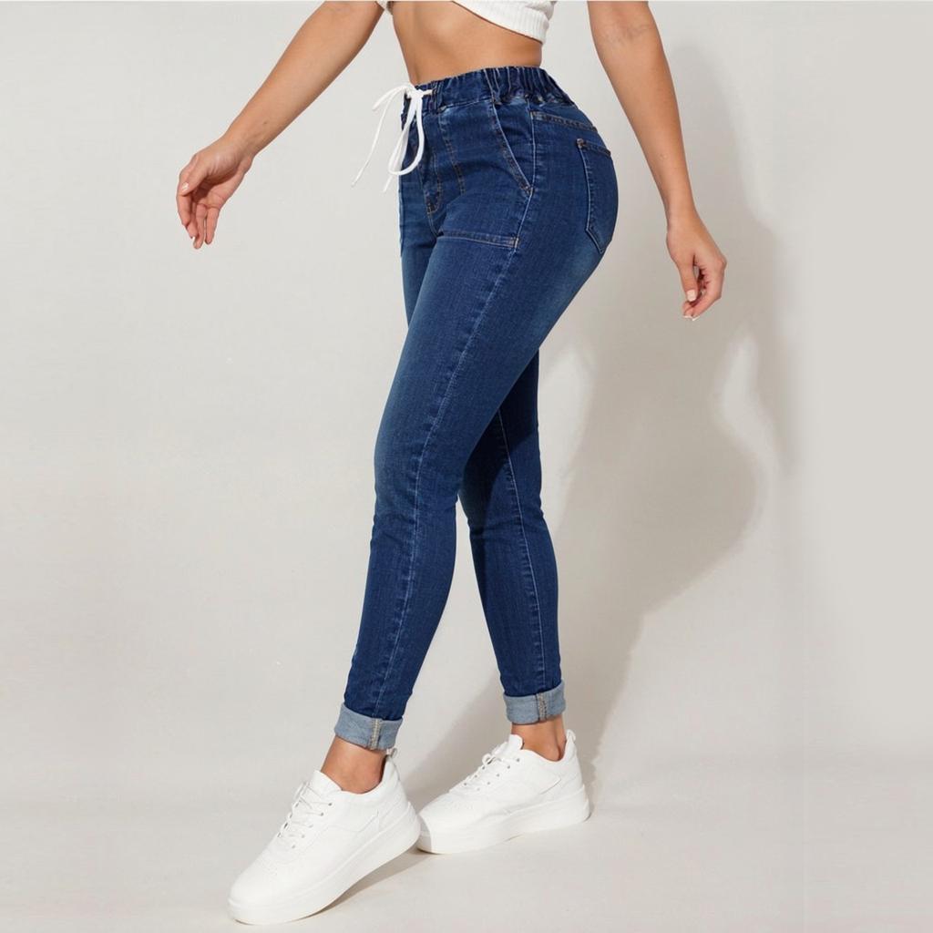Women's Skinny  Trendy Jeans Distressed Stretchy Denim Pants Elastic Waist Drawstring Denim Trousers