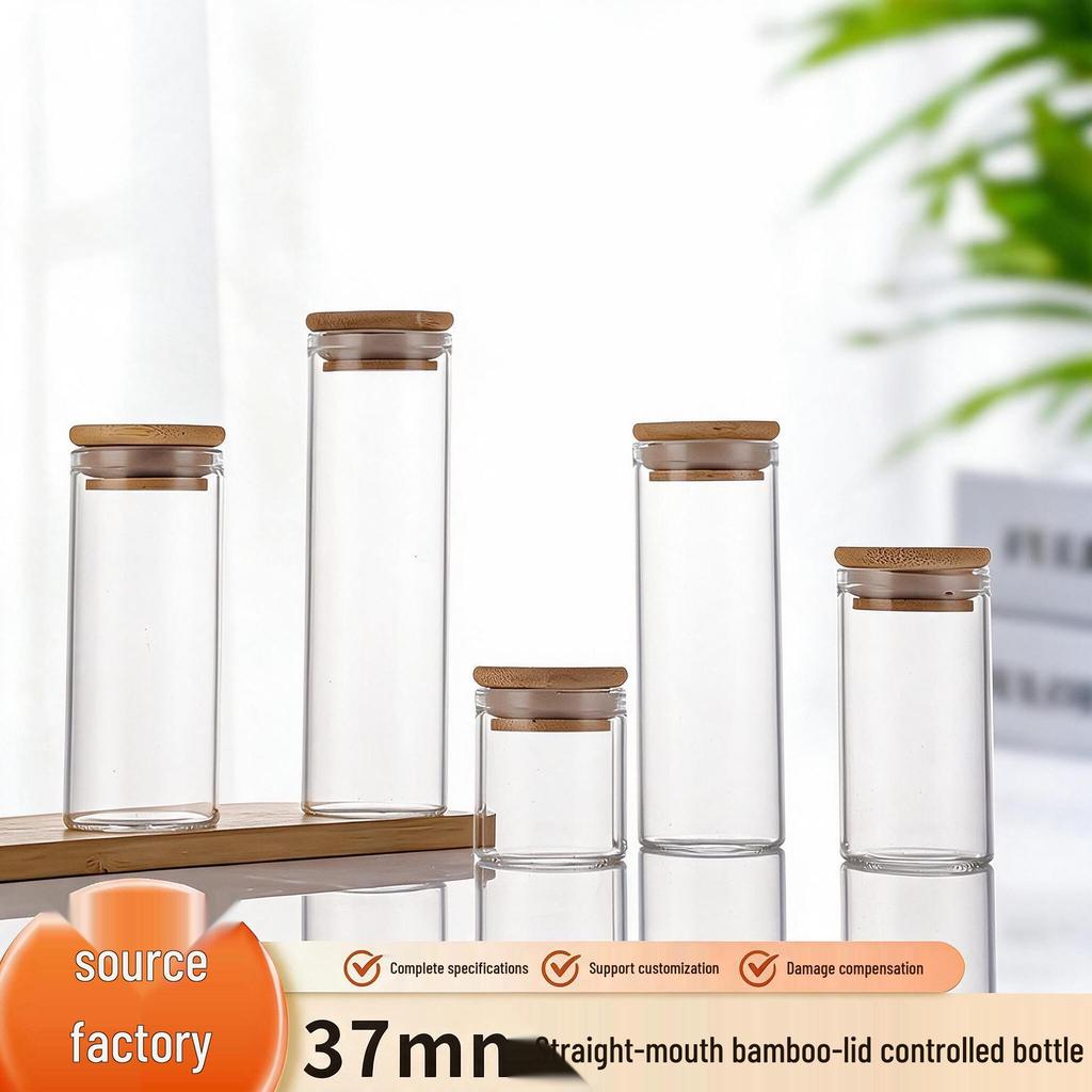 Agarwood Bamboo Lid Glass Display Bottle for Tea and Spices, 37mm Straight Opening.