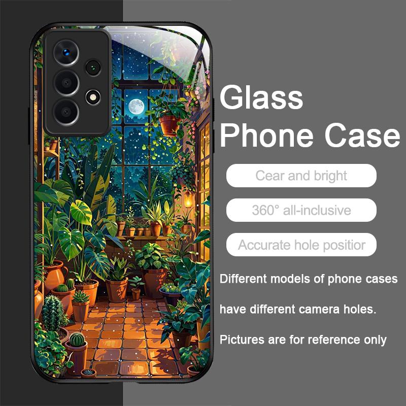 Fashion Palm Leaf Floral Pattern Tempered Glass Phone Case for Samsung Galaxy A56 A55 A54 A53 A52 A36 A14 A15 5G Anti-drop Cover