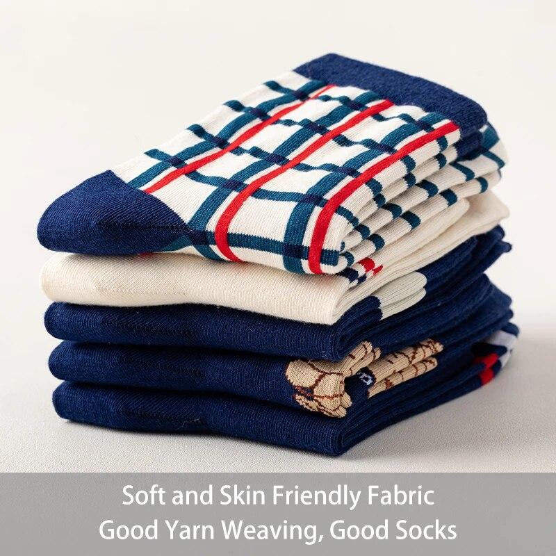 5 Pairs of Women's Spring Four-seasons Cute Cartoon Bear Striped Youthful Beautiful Fashionable and CComfortable Mid-calf Socks