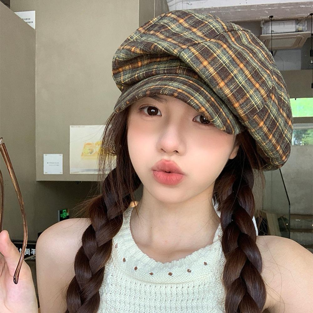 Polyester Plaid Cloud Cap Cotton Women Octagonal Hat Casual Grid Beret Cap  School