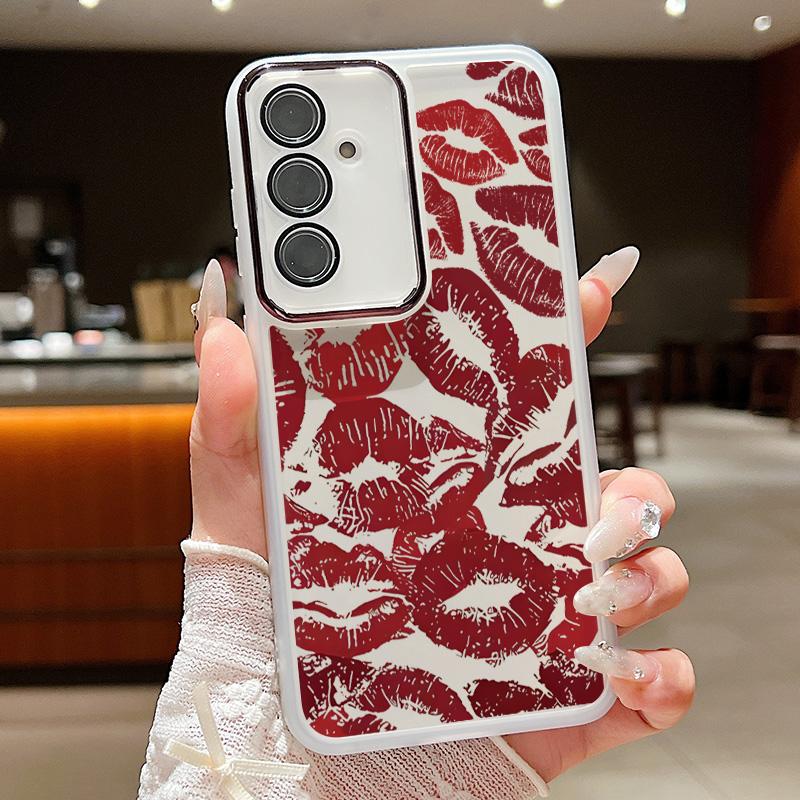 Carcasă de telefon transparentă subțire cu model de buze roșii pentru Samsung S25 Ultra S24 FE S23 Plus A56 A36 A16 A55 A15, folie de protecție pentru lentilă, rezistentă la șocuri, silicon moale, capac
