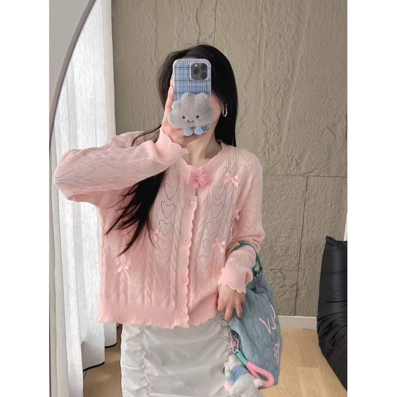 Pink Bow Knit Cardigan for Women - 2026 Spring/Autumn Sweet Age-Defying Sweater, Hollow Short Top