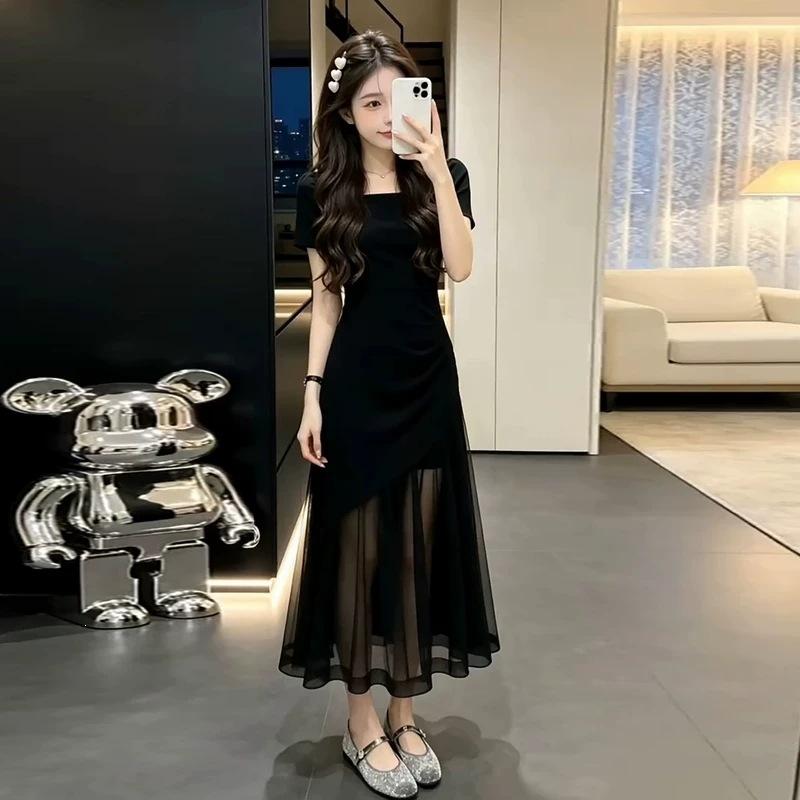 Early Summer Unique and Beautiful Black Mesh Short-sleeved Dress Children's Summer 2026 New French Square Collar Waist Dress