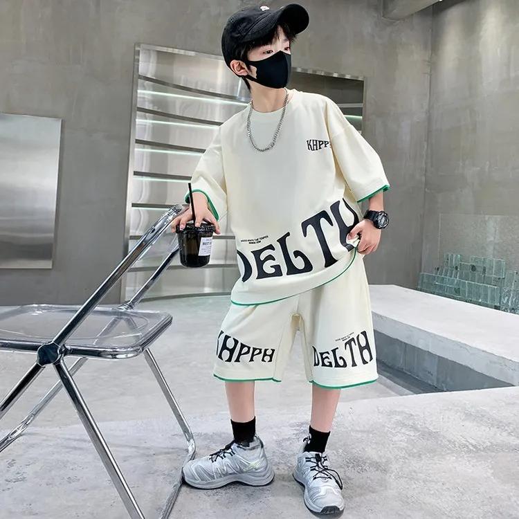 Children Summer Clothing Set for Boys Letter Print Sport Suit Kids Teenager Cotton Outfits Casual Short Sleeve Tracksuit Costume