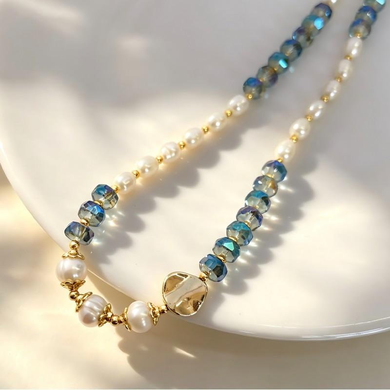 Handmade Freshwater Pearl Necklace With Crystal Accents French Vintage Choker Minimalist Layered Look Women
