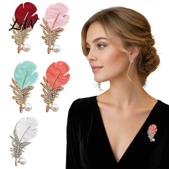 Alloy Feather Pin Faux Pearl Rhinestone Brooch, Decorative Lapel Clip Vintage Brooch for Women, Sweater Cardigan Coat Suit Jewelry Accessories