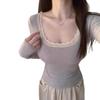 Pure Desire Lace Trim Dopamine U-Neck Slim Fit Long Sleeve Top for Autumn/Winter
