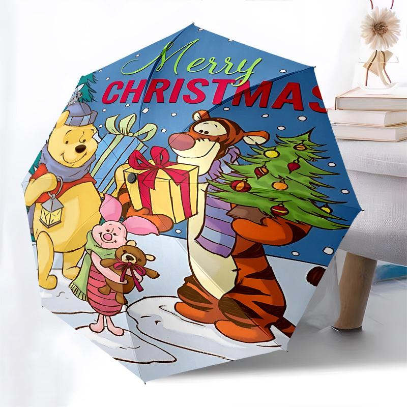 Christmas, Winnie_the_Pooh Themed Automatic Opening and Closing Umbrella, Brightly Colored 8-rib Portable Umbrella, Suitable for Men and Wom