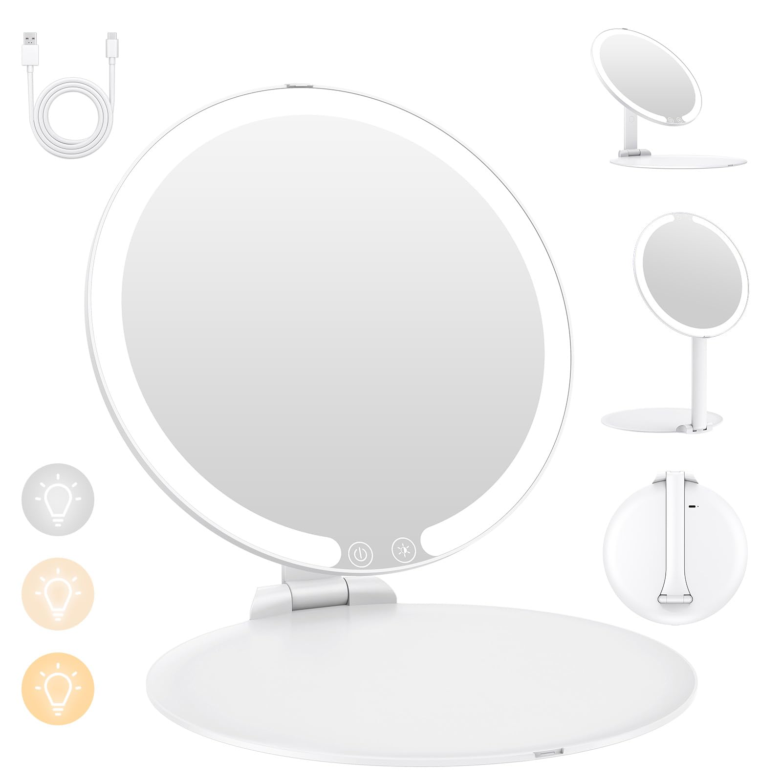 

Зеркало для макияжа MILPROX с регулируемым и настольным зеркалом для путешествий и портативного использования, с подсветкой, складное, перезаряжаемое через USB-C, 20 см, температура, белый