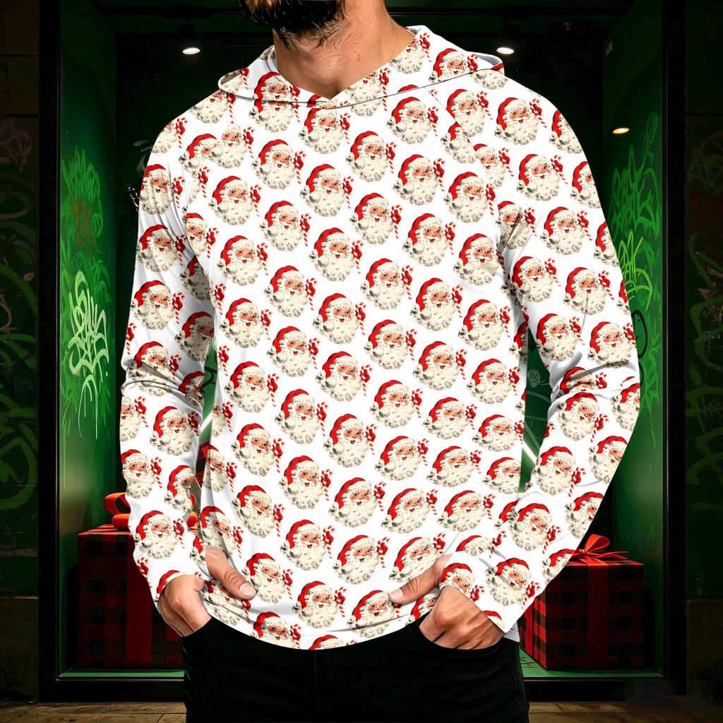 Men's Long Sleeve Hooded Sun Shirt Top with Christmas Print for Outdoor Wear