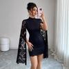 Fashion Lace Small Stand Collar Slit Long Sleeve Sexy Dress Autumn Winter Women Mature Style French Retro Patchwork Slim Sexy Elegant Women Maxi Dress