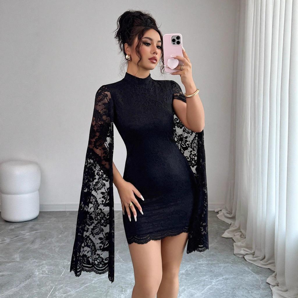 Fashion Lace Small Stand Collar Slit Long Sleeve Sexy Dress Autumn Winter Women Mature Style French Retro Patchwork Slim Sexy Elegant Women Maxi Dress