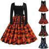 Women's Fashion Print Long Sleeve Square Neck Casual Halloween Hem Dress
